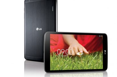 A back view of LG G Pad 8.3 stood and a front view of LG G Pad 8.3 lying on its side.