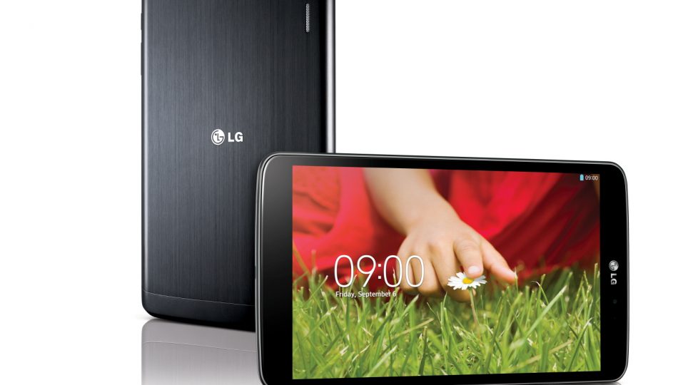 A back view of LG G Pad 8.3 stood and a front view of LG G Pad 8.3 lying on its side.
