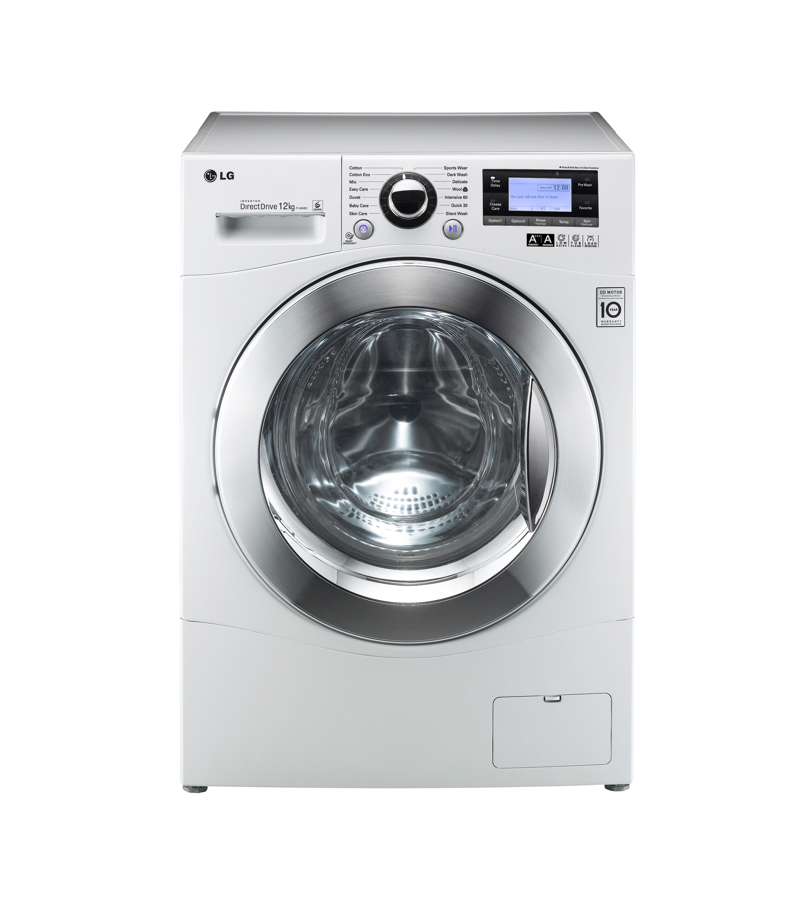Front view of the LG 12kg front-load washing machine