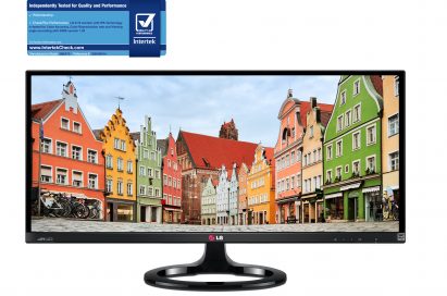 Front view of LG IPS 21:9 UltraWide Monitor model 29EA73 along with the Quality & Performance Mark (QPM) from Intertek in the top left corner
