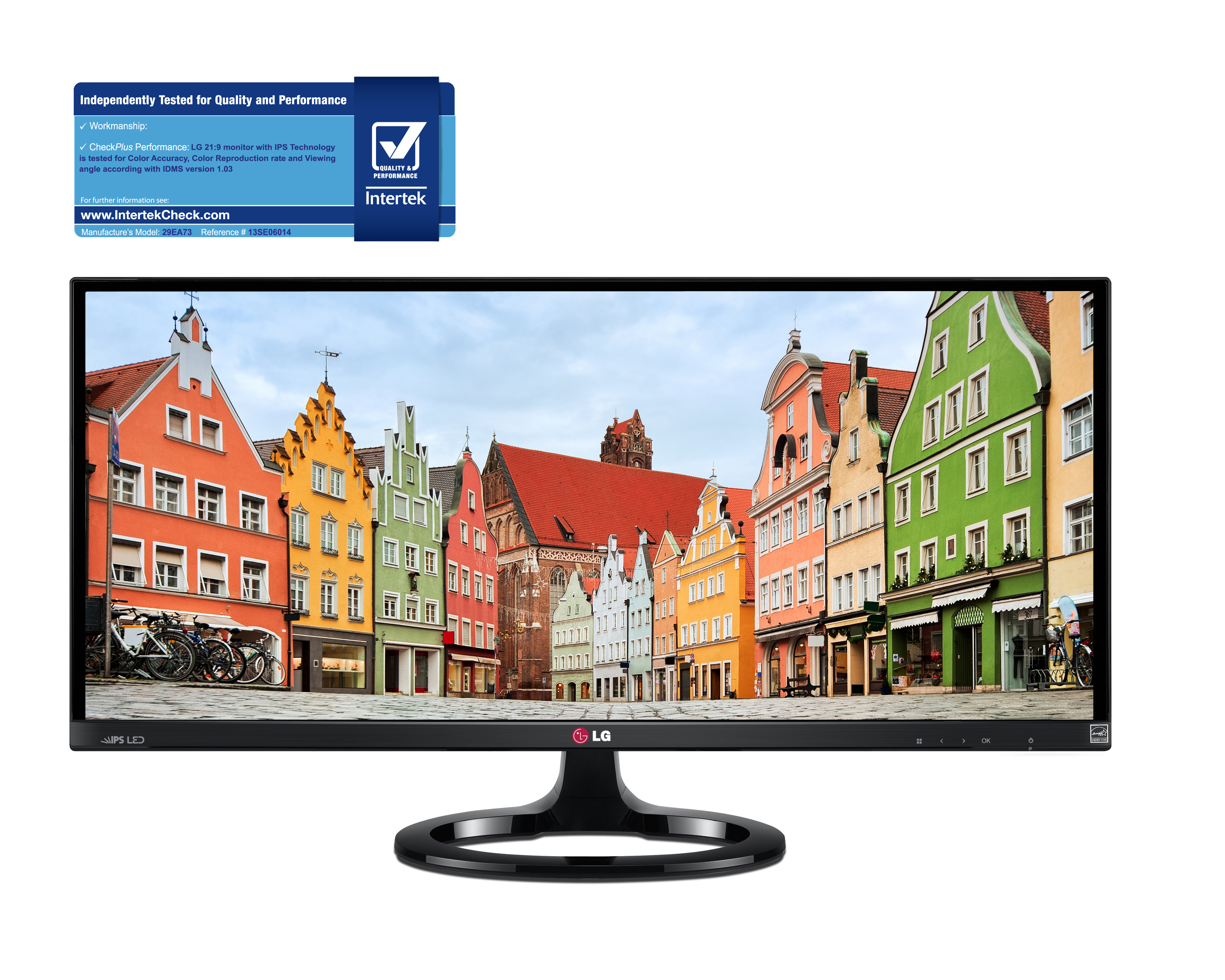 Front view of LG IPS 21:9 UltraWide Monitor model 29EA73 along with the Quality & Performance Mark (QPM) from Intertek in the top left corner