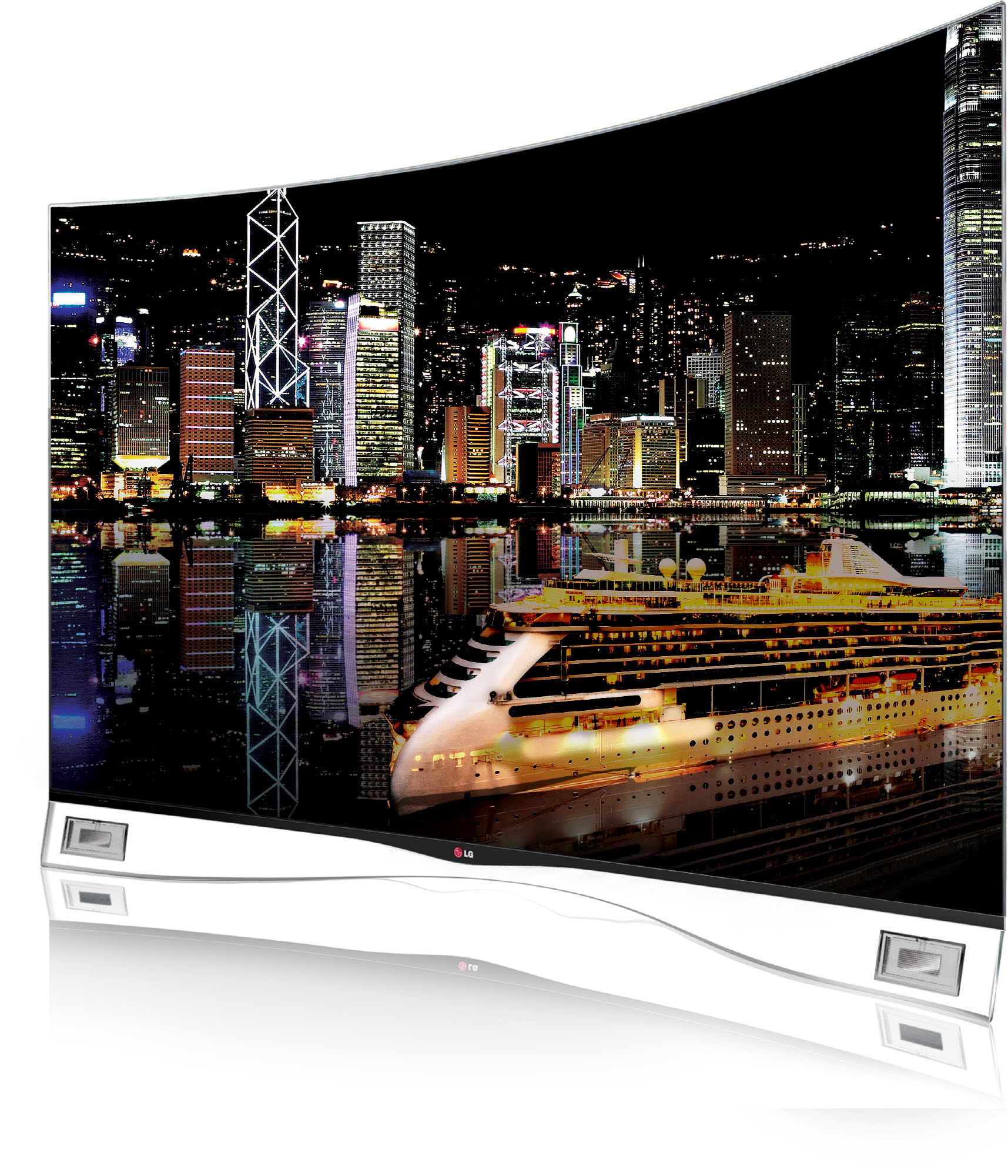 The LG CURVED OLED TV model 55EA9800 displaying Hong Kong’s impressive night skyline