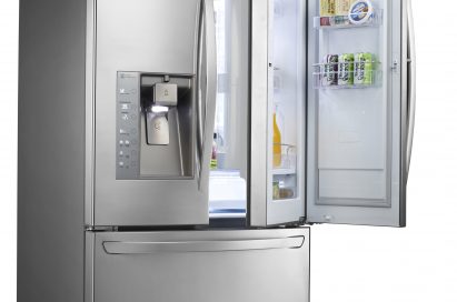 LG’s three-door French-Door refrigerator with doors opened to show off its Door-in-Door feature