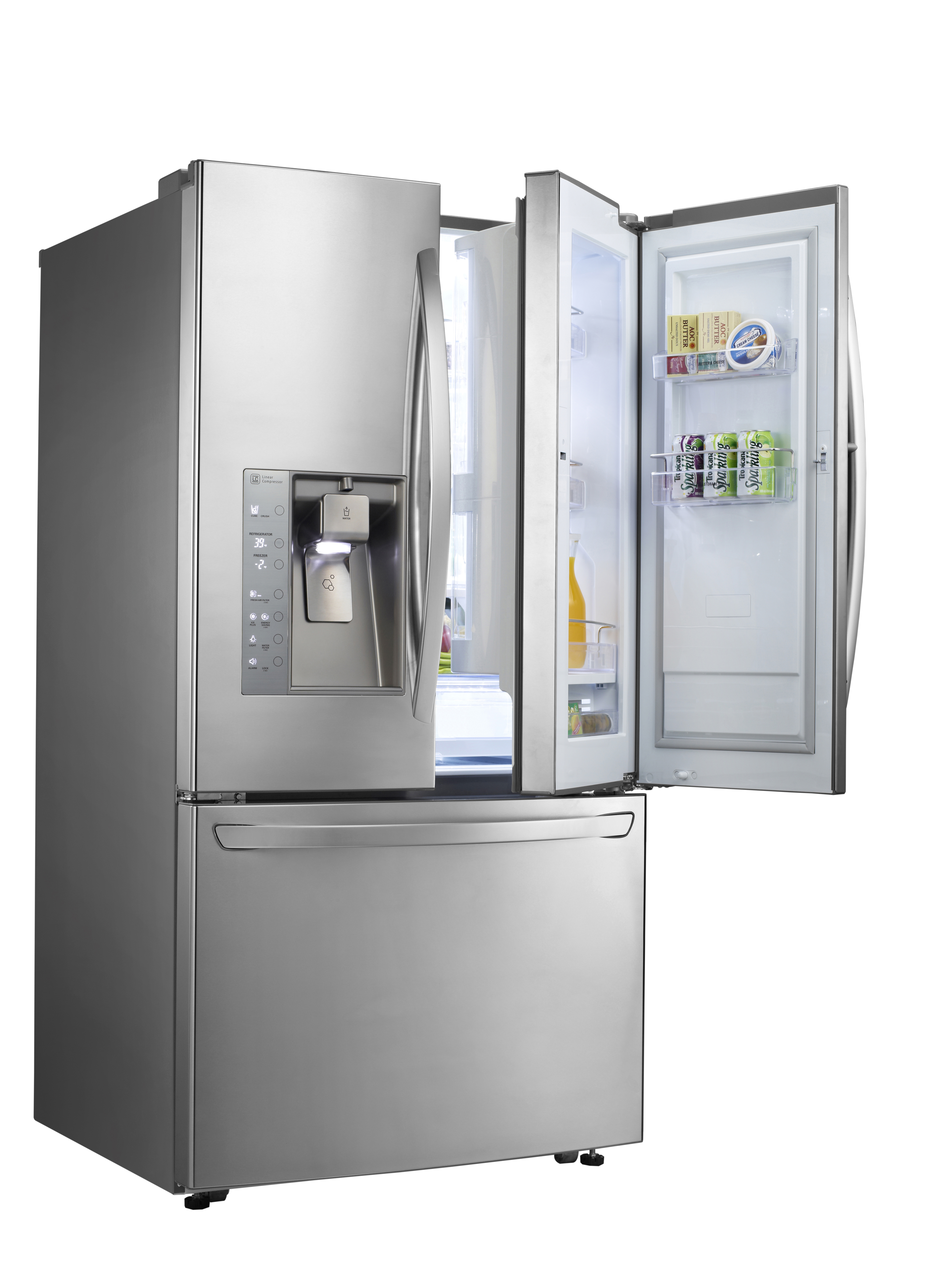 LG’s three-door French-Door refrigerator with doors opened to show off its Door-in-Door feature