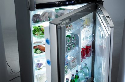 LG’s top-freezer refrigerator with bottom door opened to show off its Door-in-Door feature