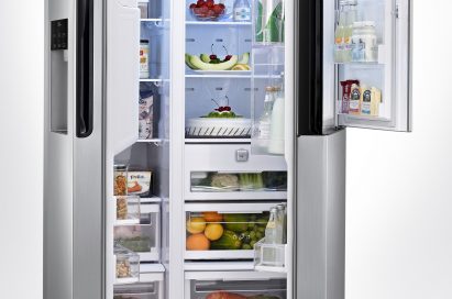 The LG French-Door refrigerator with its large doors opened to show off its Door-in-Door feature located on the top of the right door