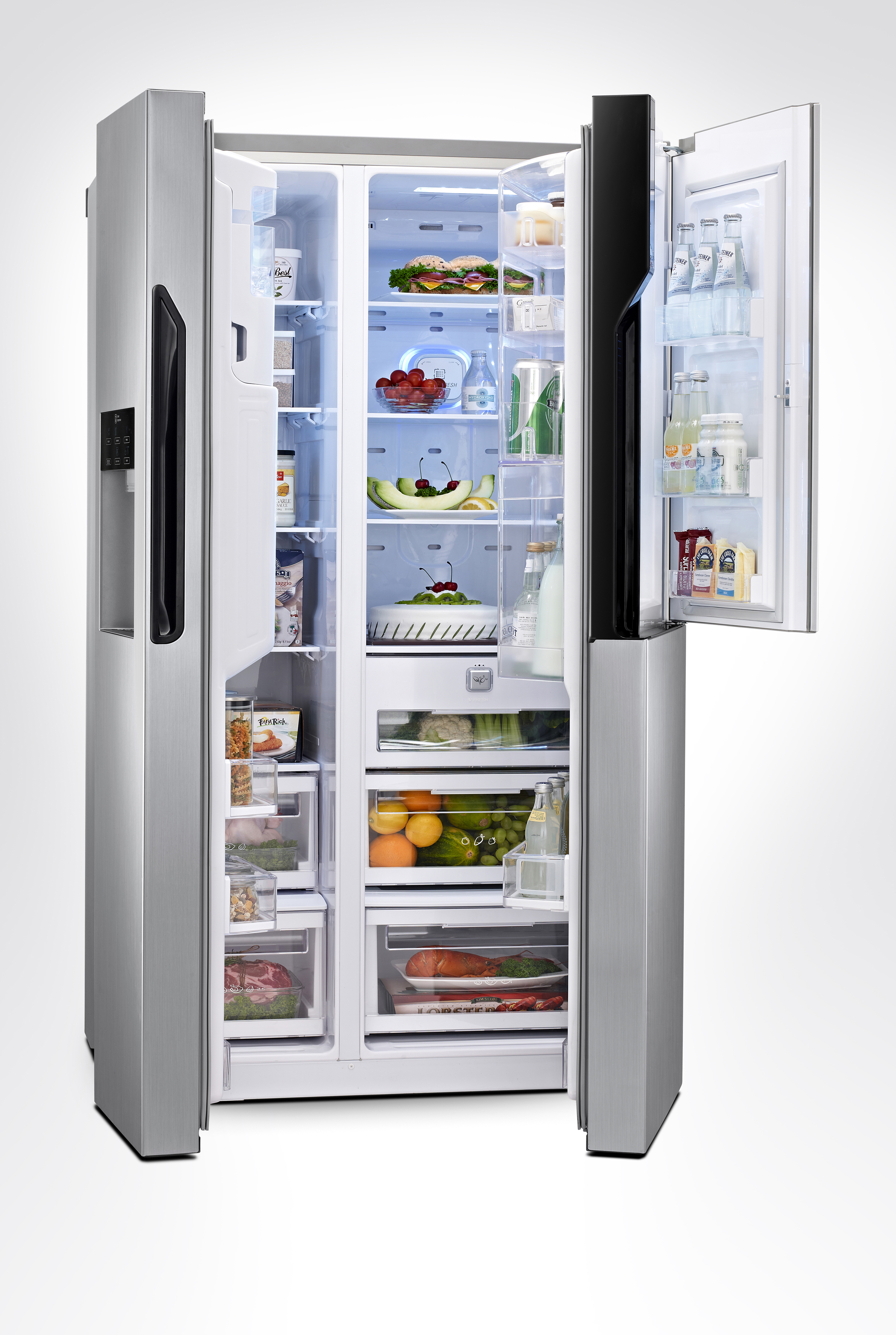 The LG French-Door refrigerator with its large doors opened to show off its Door-in-Door feature located on the top of the right door