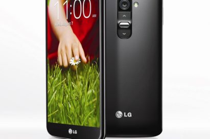 A front view of LG G2 and a back side of LG G2.