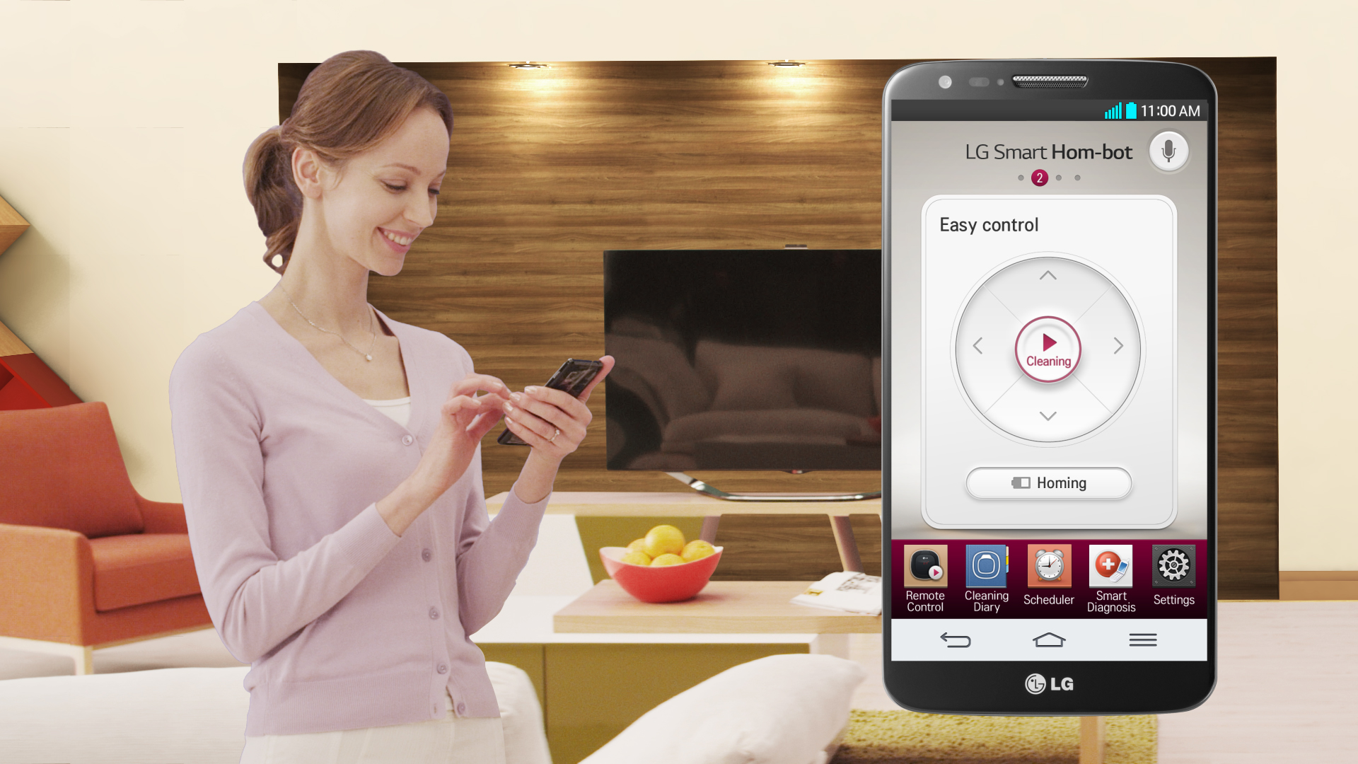 A woman remotely controlling her LG HOM-BOT with the smart app on her phone