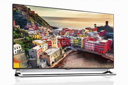 Front view of LG ULTRA HDTV model LA9700 displaying a colorful town by the sea