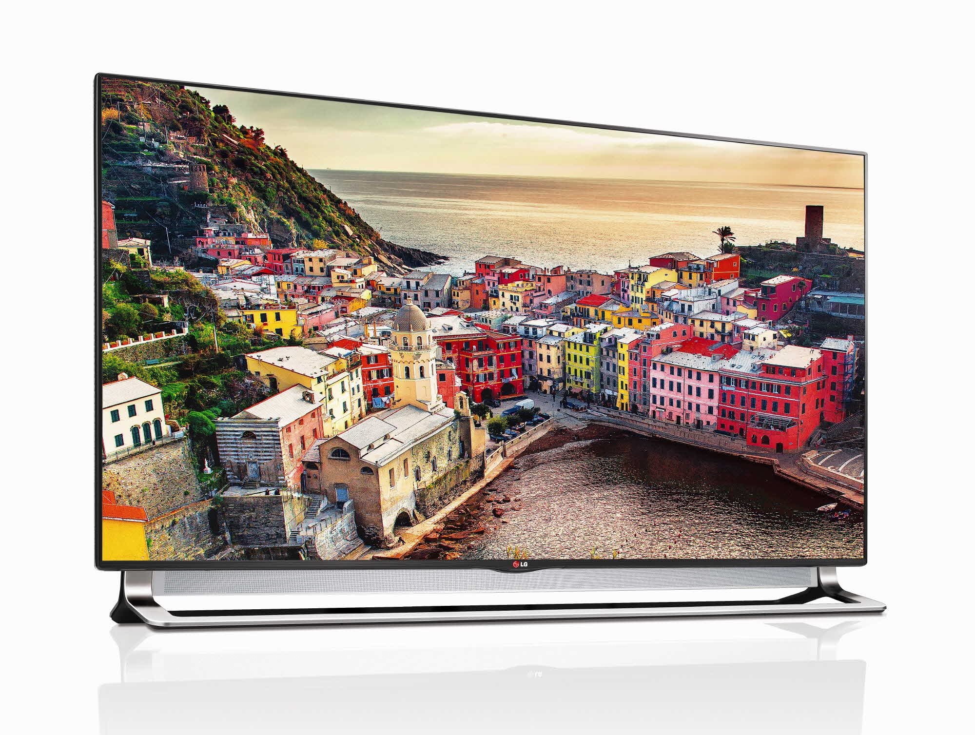 Front view of LG ULTRA HDTV model LA9700 displaying a colorful town by the sea