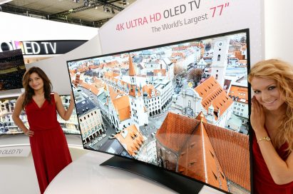 Two models presenting the 77-inch ULTRA HD OLED TV at IFA 2013