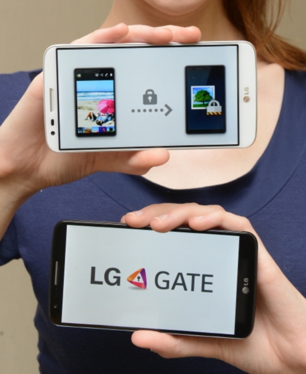 A female model is holding two G2s – each showing the process of LG GATE and its logo.