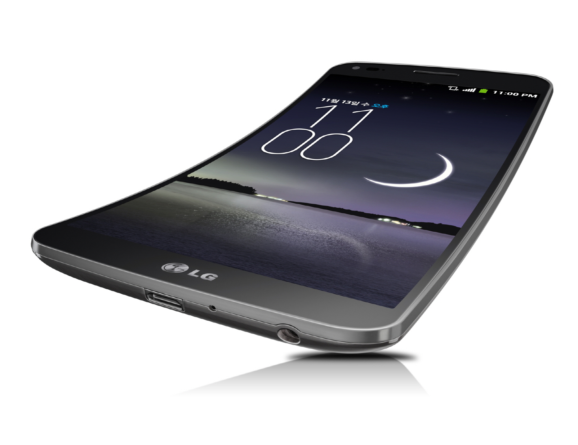A front view of the LG G Flex leaning back.