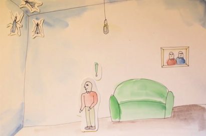 A drawing of a man discovering mosquitos in the ceiling corner of the room