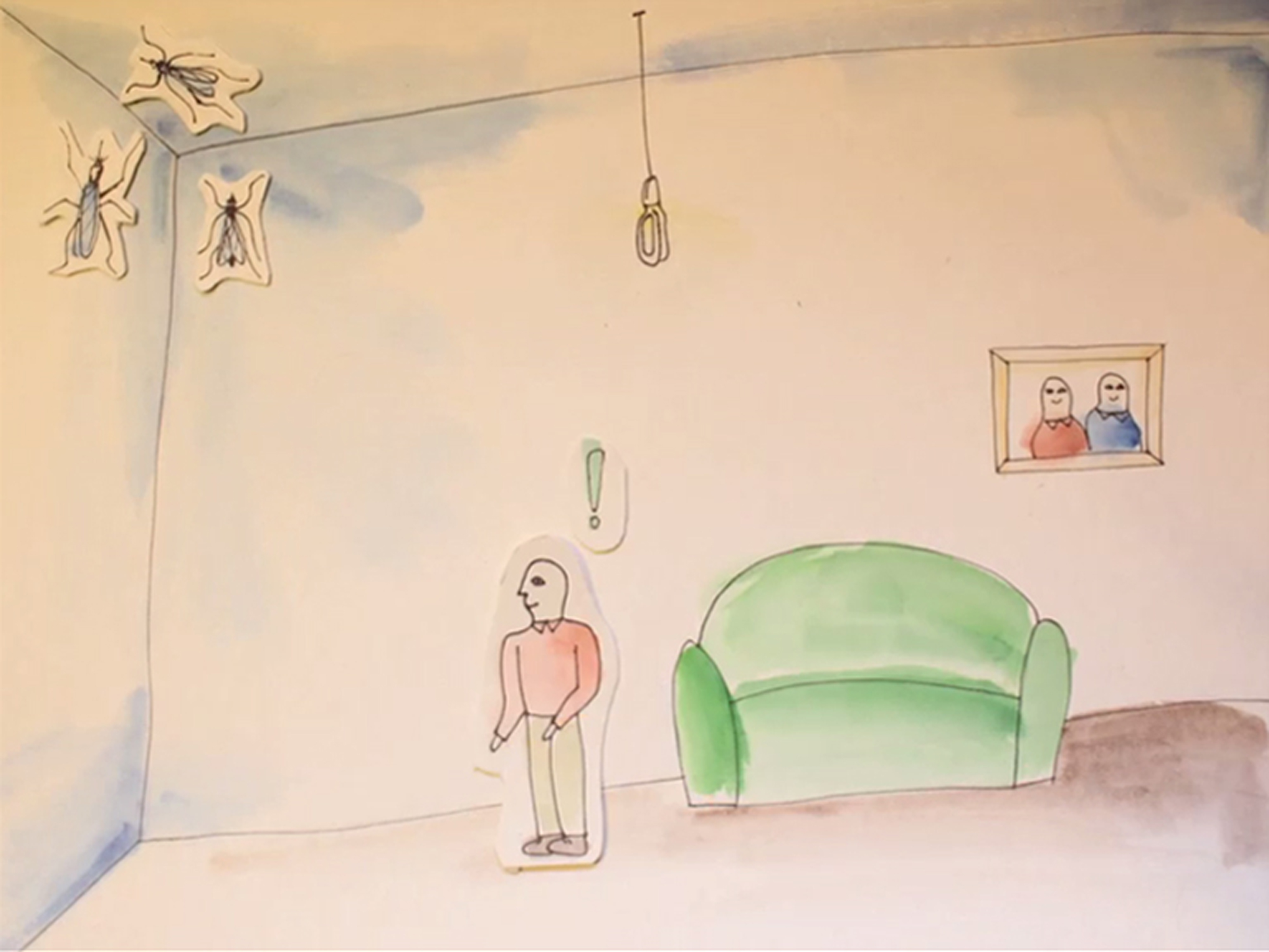 A drawing of a man discovering mosquitos in the ceiling corner of the room