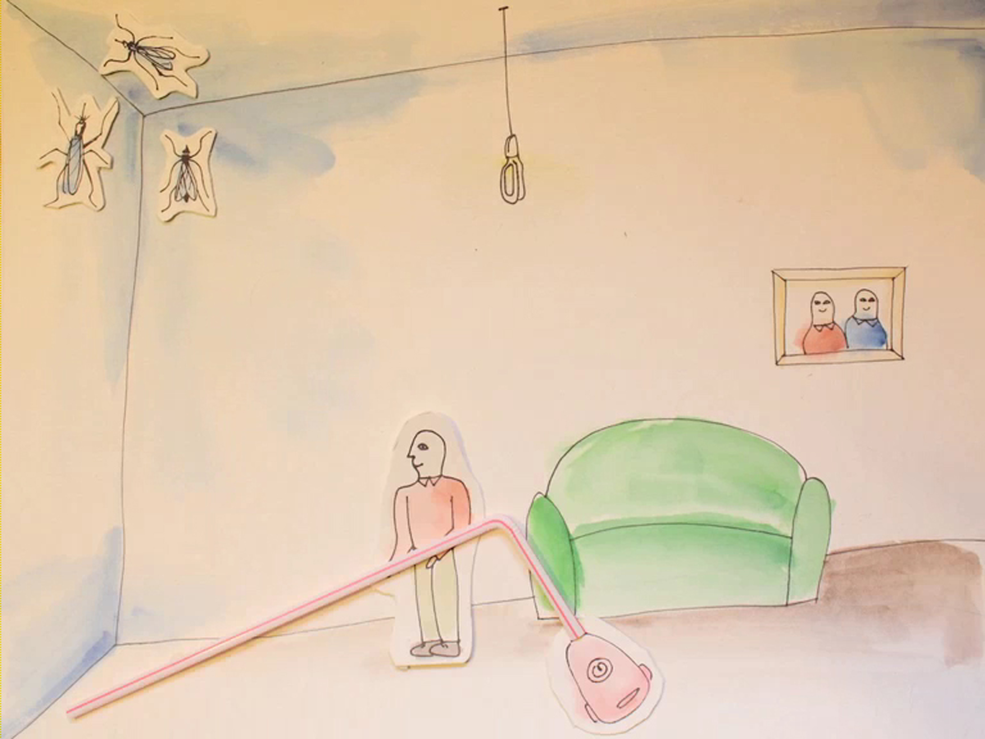 A drawing of a man gabbing his LG KOMPRESSOR™ vacuum cleaner