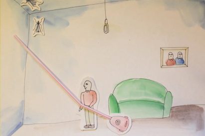 A drawing of a man using his LG KOMPRESSOR™ vacuum cleaner to remove mosquitos from the corner of the ceiling