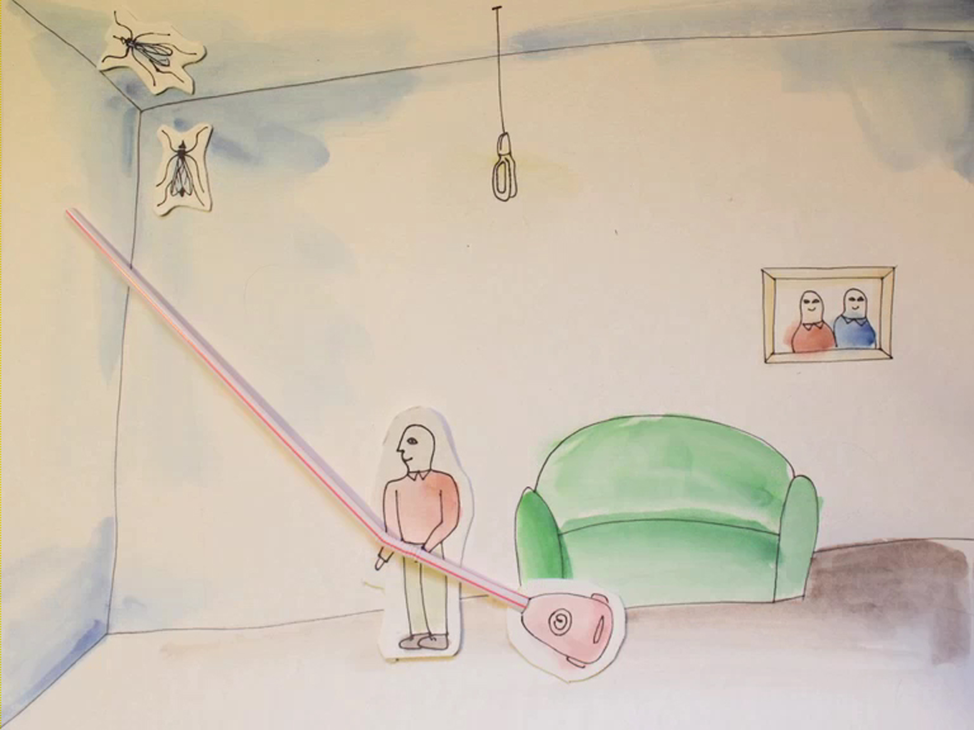 A drawing of a man using his LG KOMPRESSOR™ vacuum cleaner to remove mosquitos from the corner of the ceiling