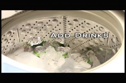 A photo of drinks placed inside the ice-filled washing machine with the text, ‘add drinks’