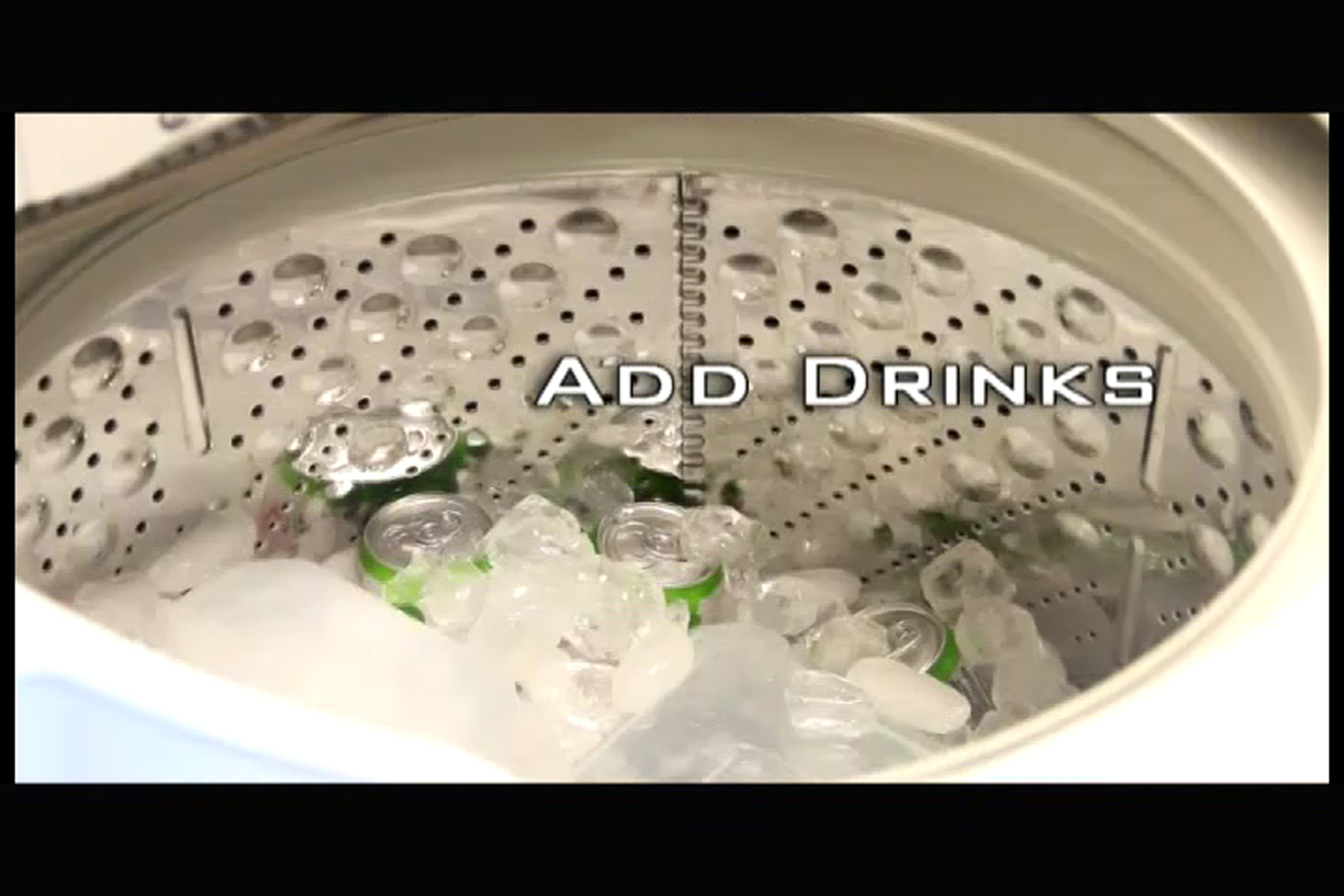 A photo of drinks placed inside the ice-filled washing machine with the text, ‘add drinks’