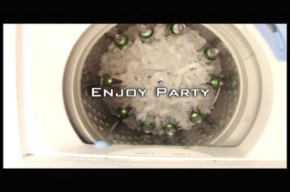 Another view of beverages staying ice-cold in the ice-filled washing machine with the text, ‘enjoy party,’ overlapping
