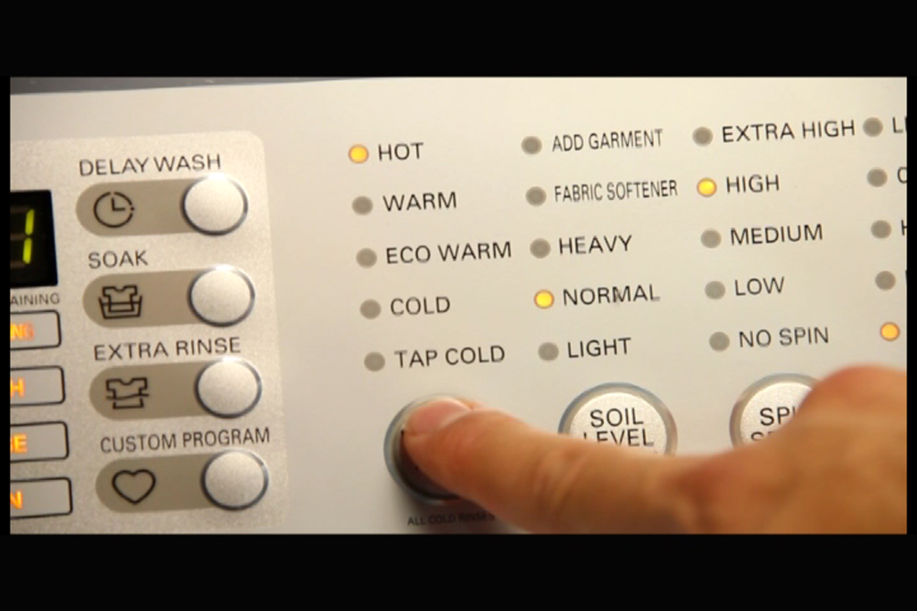 Close-up view of LG washing machine’s control panel