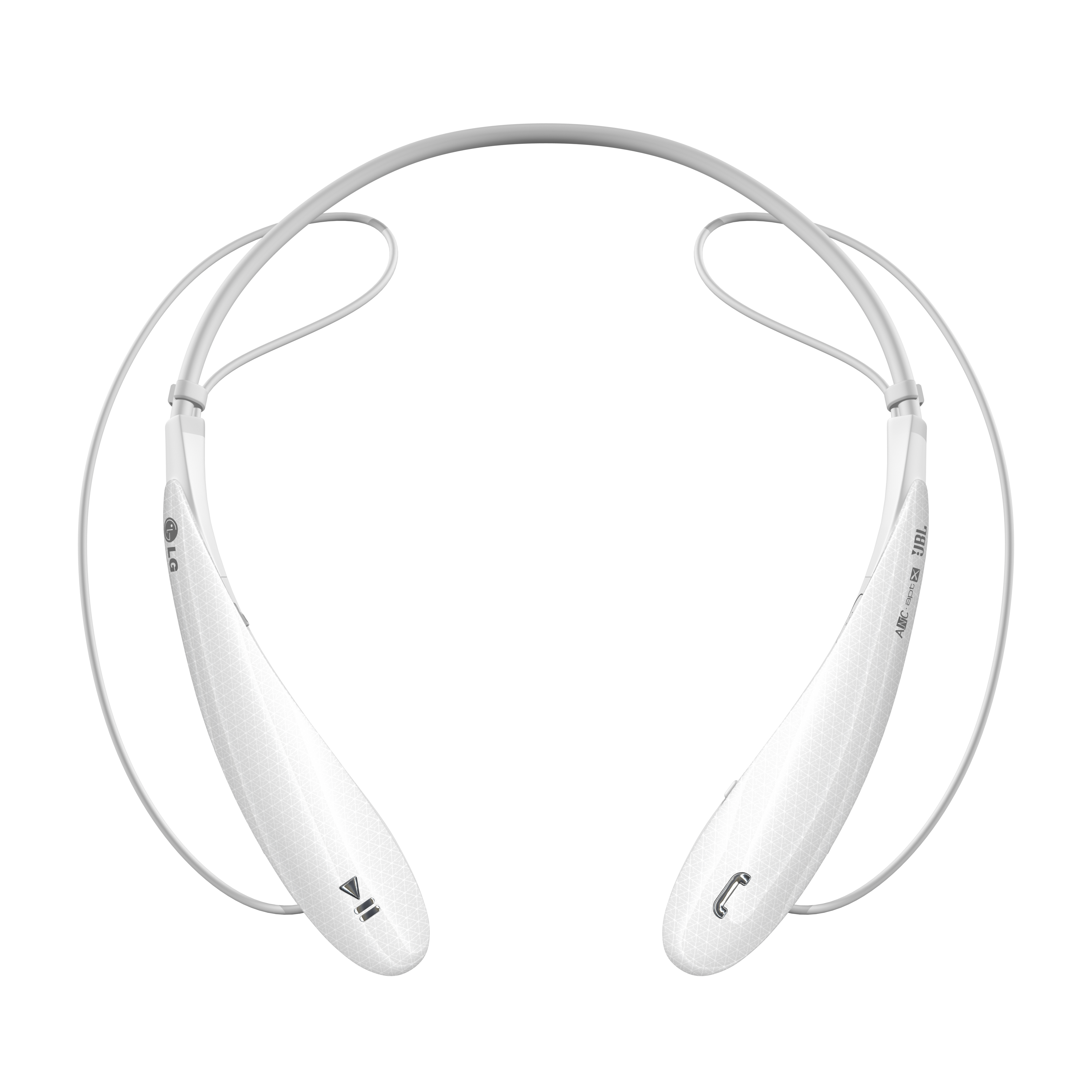 A front view of LG TONE ULTRA (HBS-800) in white color with its earphones pulled in.
