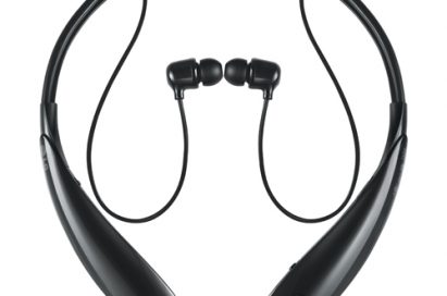 A front view of LG TONE ULTRA (HBS-800) in black color with its earphones pulled out.