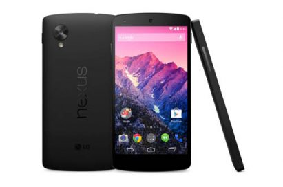 From left to right; A back view of LG Nexus 5, a front view of LG Nexus 5, a side view of LG Nexus 5