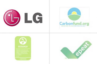 Clockwise from upper left; Logo of LG Electronics, the certificate of Carbonfund.org, the certificate of Repeat and the certificate of ECOLOGO.