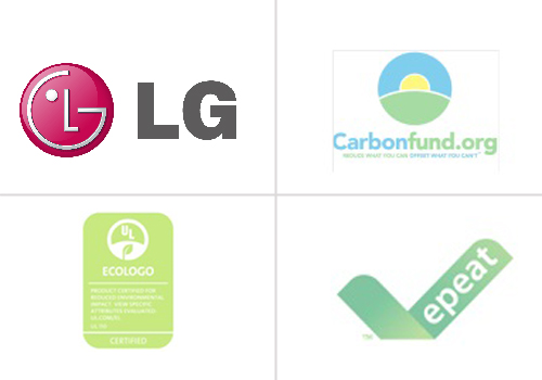 Clockwise from upper left; Logo of LG Electronics, the certificate of Carbonfund.org, the certificate of Repeat and the certificate of ECOLOGO.