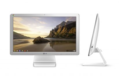 A front view of LG Chromebase model 22CV241 on the left and its side view on the right