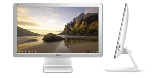 A front view of LG Chromebase model 22CV241 on the left and its side view on the right.