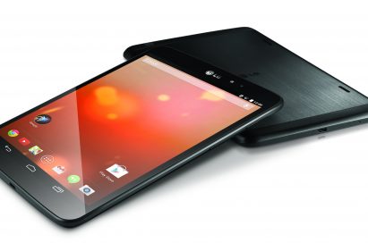 Two LG G Pad 8.3 Google Play Editions lying on a table – showing the front and back of the device.