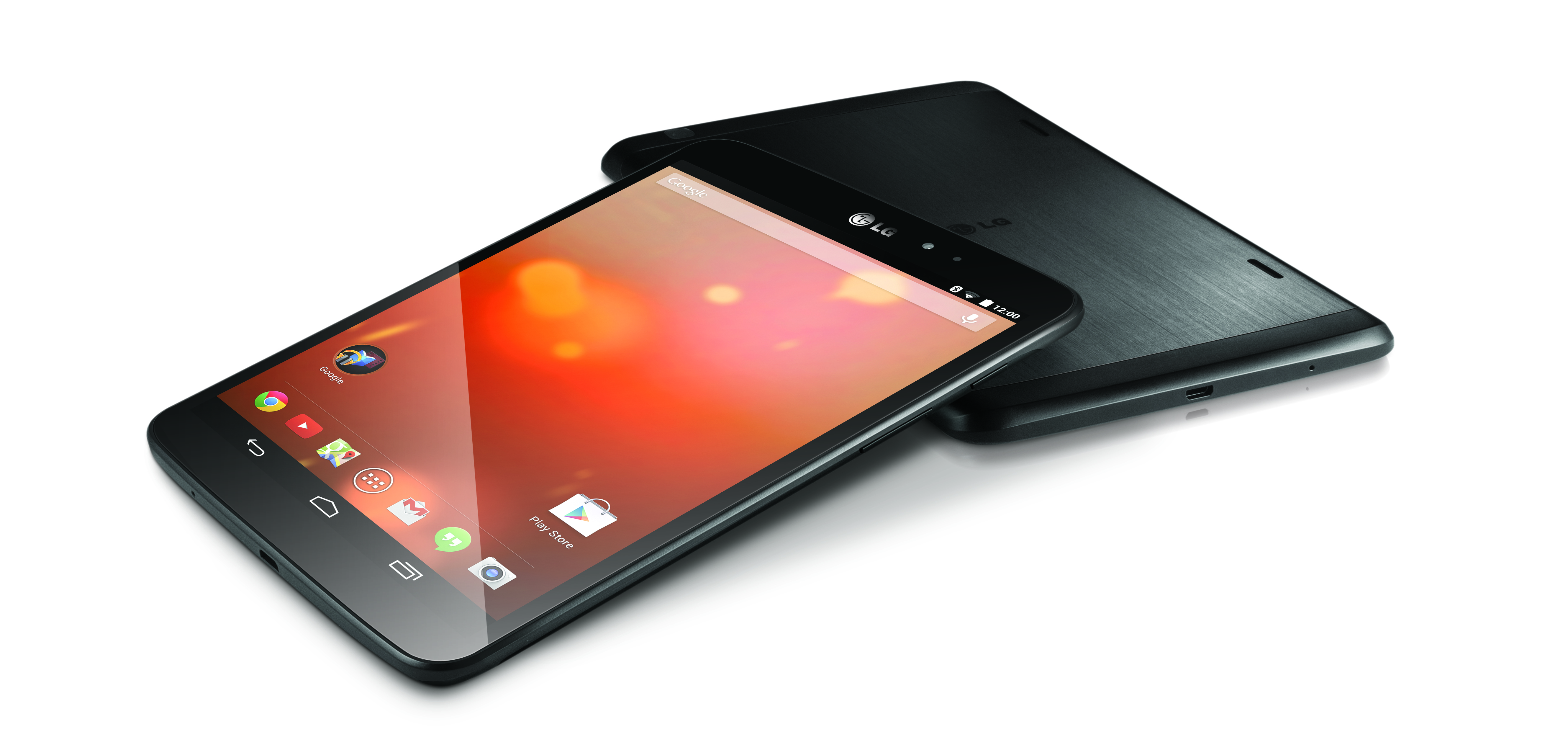 Two LG G Pad 8.3 Google Play Editions lying on a table – showing the front and back of the device.