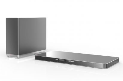 LG SoundPlate model LAB540W with an external wireless subwoofer on the left