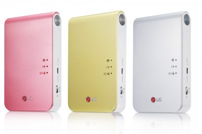LG’s smart mobile printer Pocket Photo 2.0 model PD239 in pink, jewel white and lime yellow