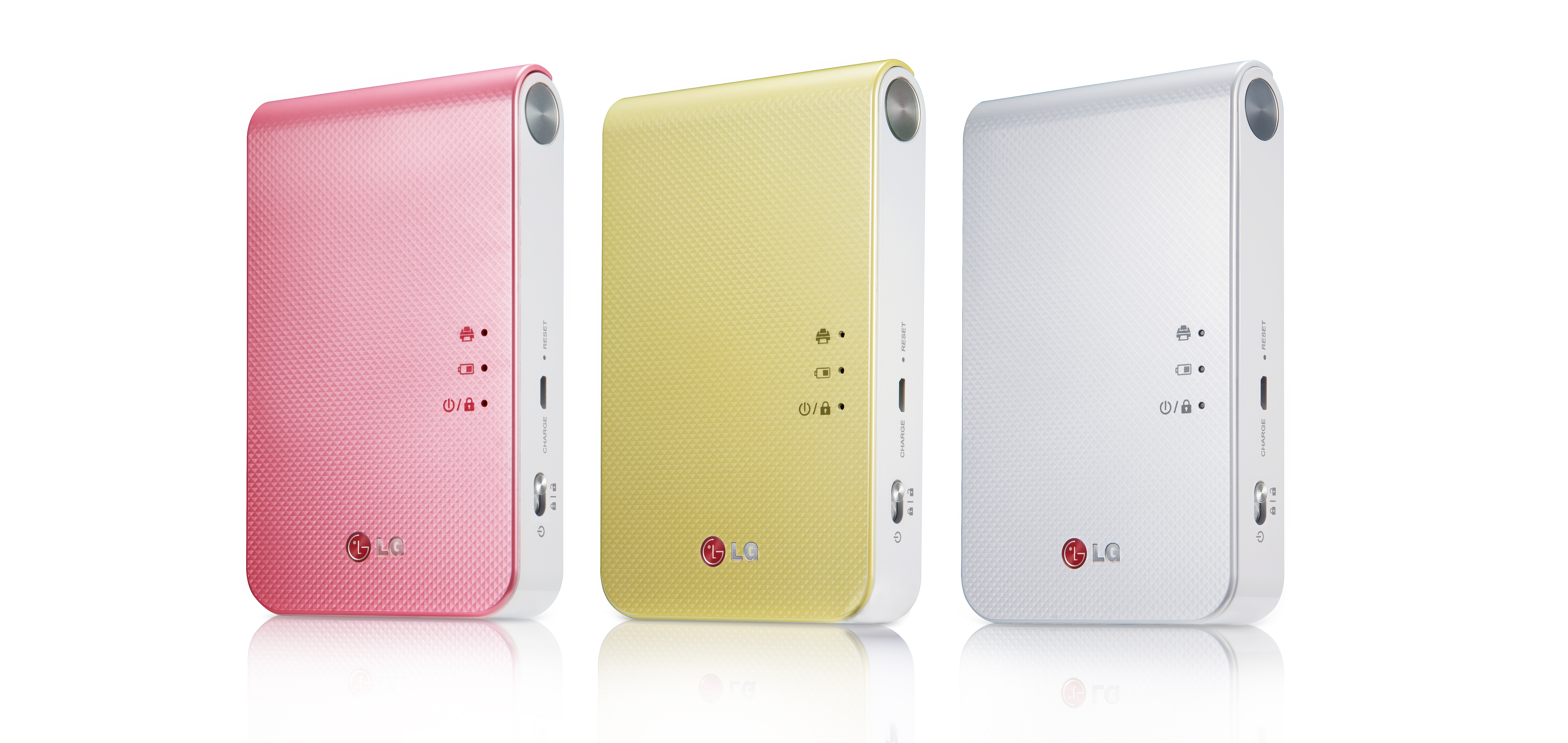 LG’s smart mobile printer Pocket Photo 2.0 model PD239 in pink, jewel white and lime yellow