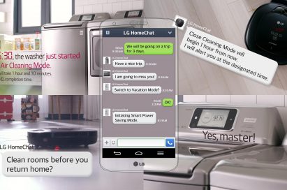 A screenshot of a message from LG HomeChat™ app notifying the user of the operation of appliances, including washing machines, robot vacuums and even answering the user’s command