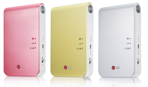 LG’s smart mobile printer Pocket Photo 2.0 model PD239 in pink, jewel white and lime yellow.