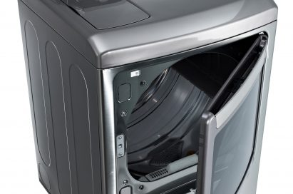 LG front-load washing machine with door opened from the side