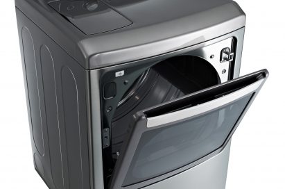 LG front-load washing machine with door opened from the top downwards