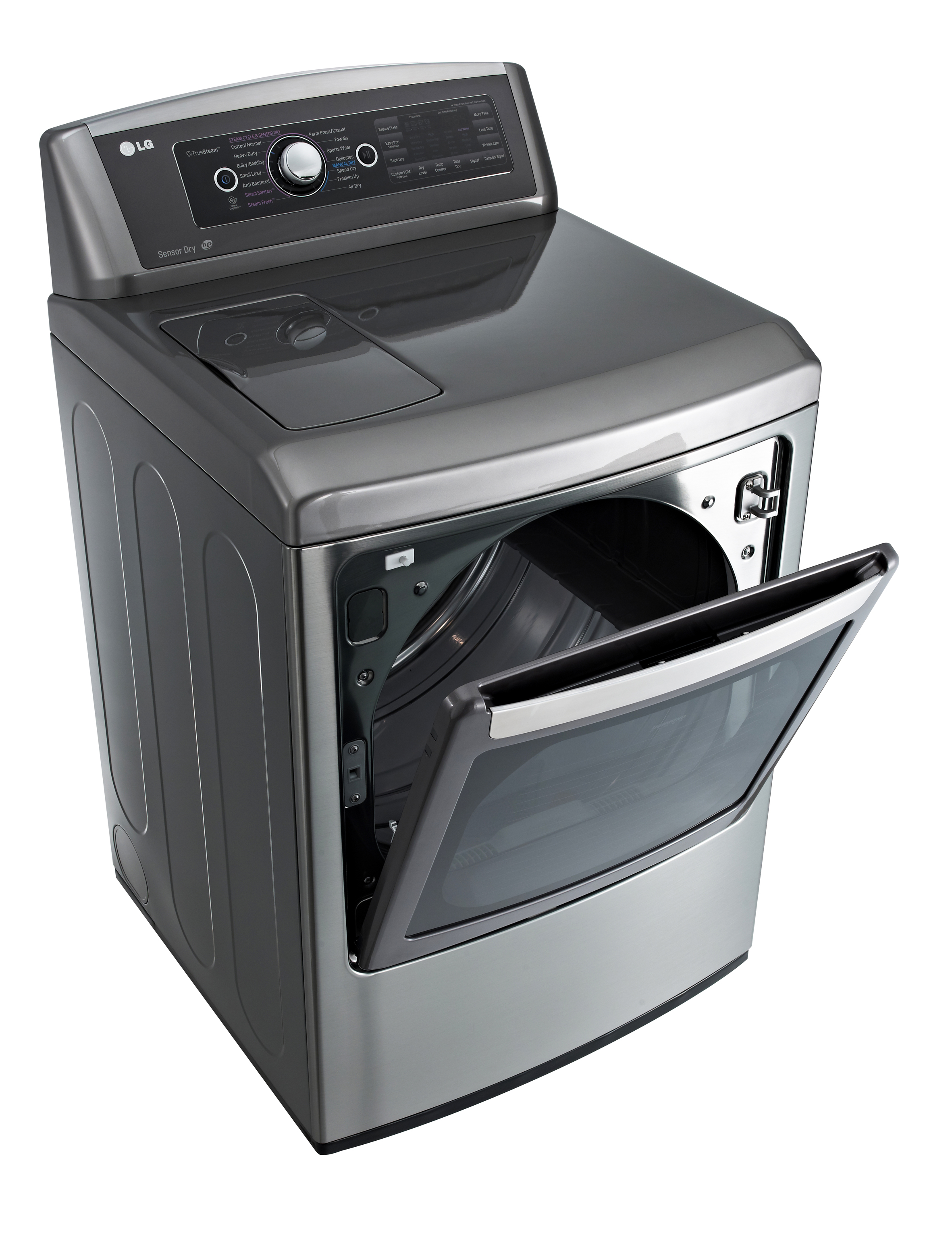LG front-load washing machine with door opened from the top downwards