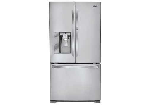 Front view of LG’s three-door French-Door refrigerator with ice and water dispenser on its left door