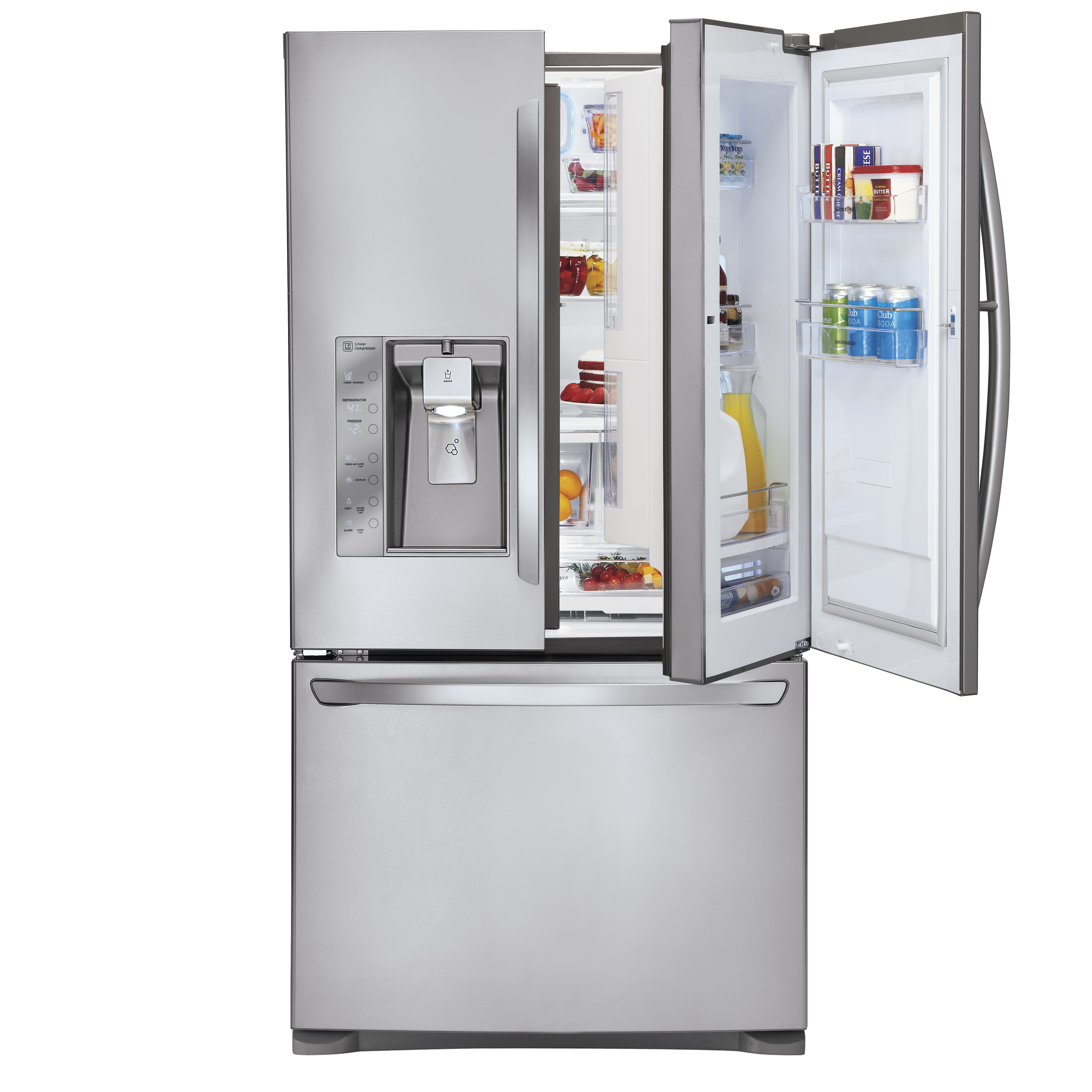 The LG three-door French-Door refrigerator with its Door-in-Door feature on the right and ice and water dispenser on the left door