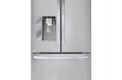 Front view of LG’s three-door French-Door refrigerator with ice and water dispenser on its left door
