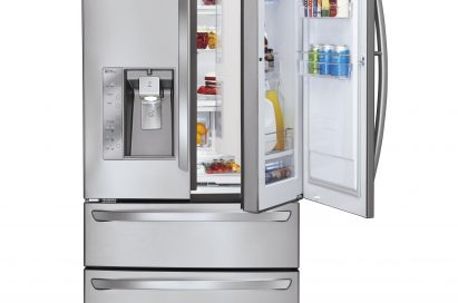 The LG four-door French-Door refrigerator with Door-in-Door feature on the right and ice and water dispenser on the left