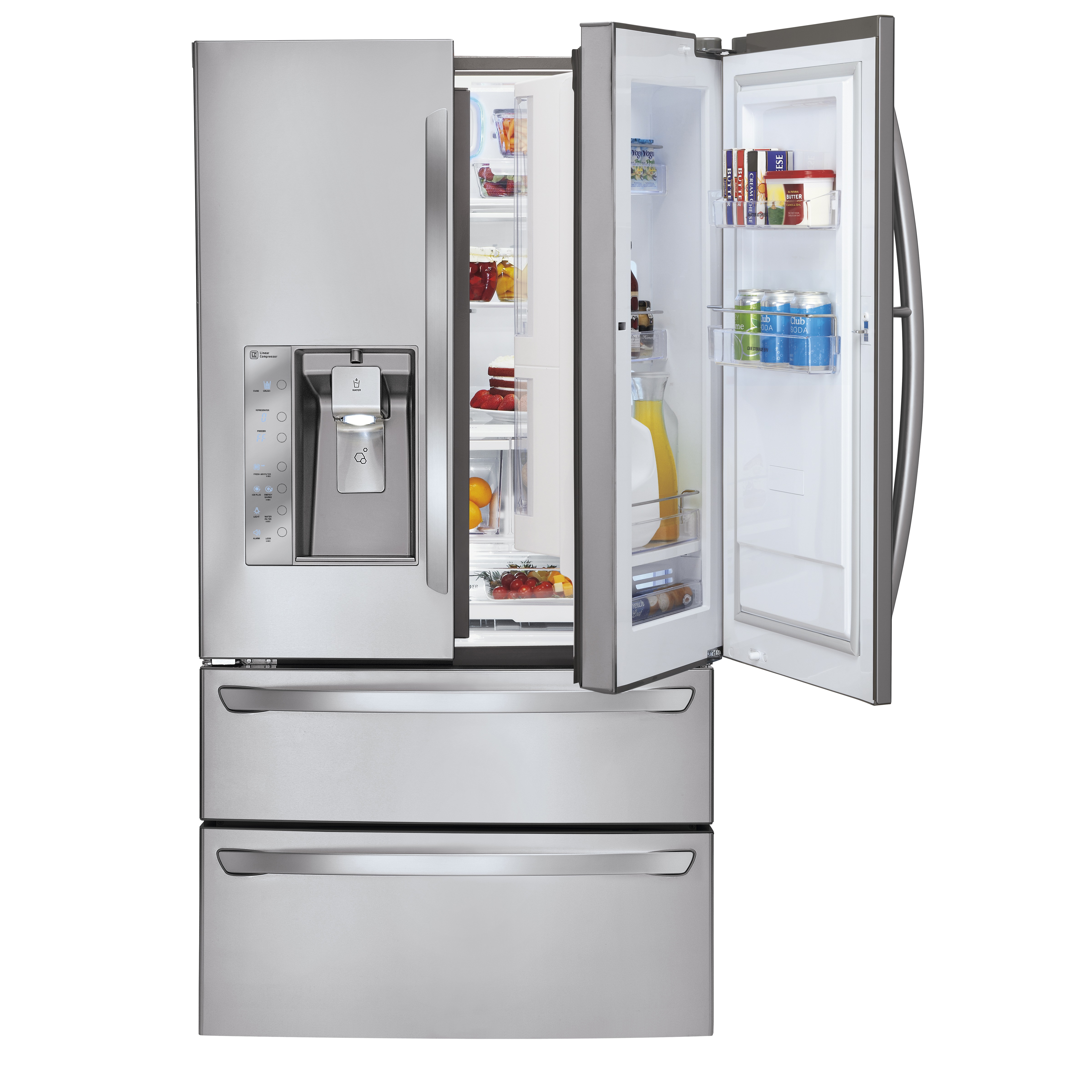 The LG four-door French-Door refrigerator with Door-in-Door feature on the right and ice and water dispenser on the left