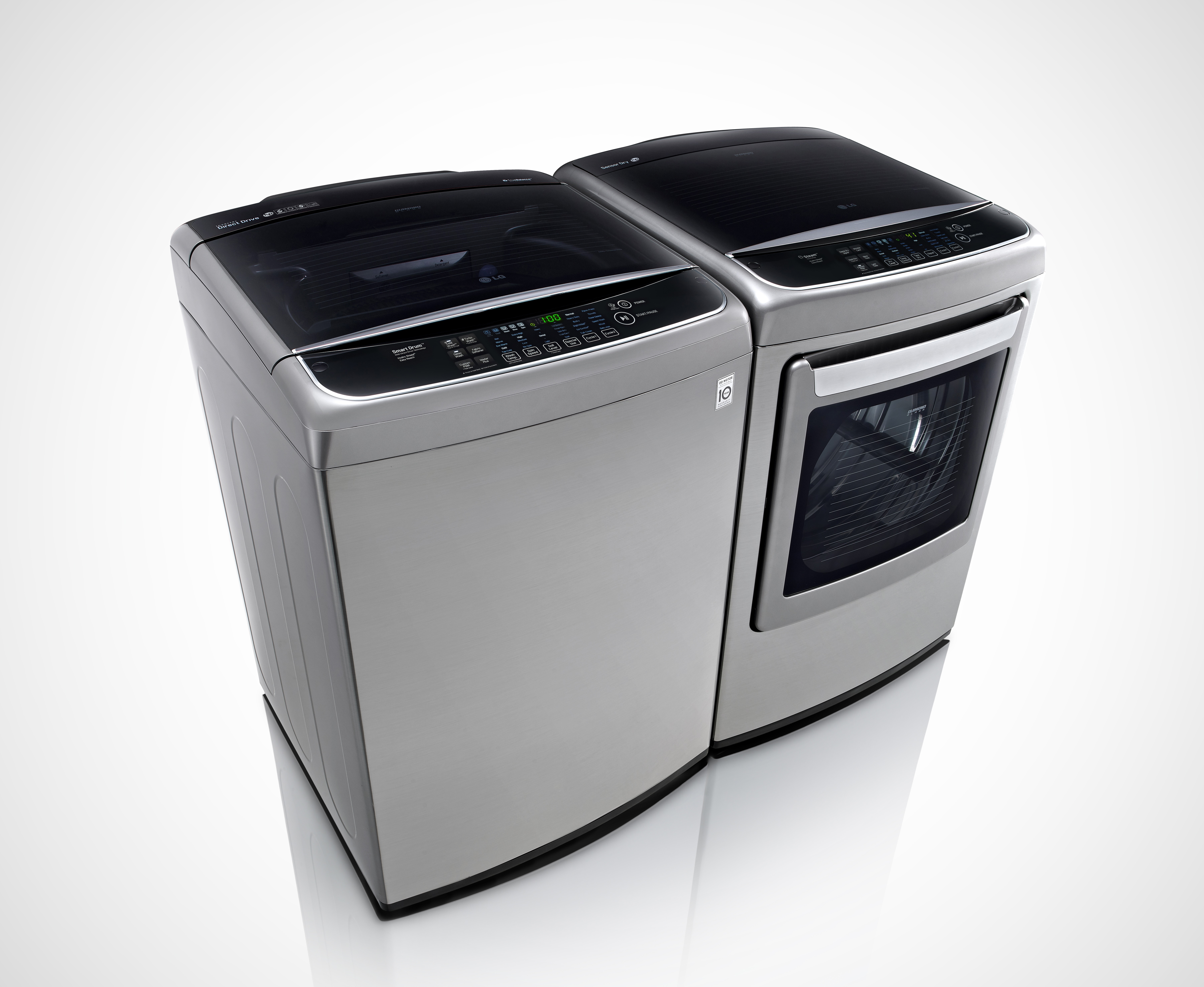 Side view of LG top-load washing machine and front-load dryer with digital control panel